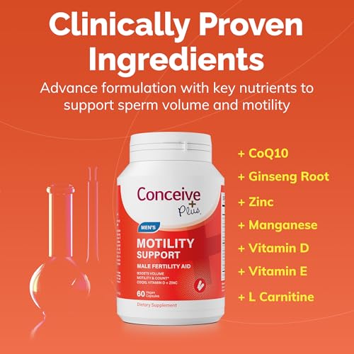 CONCEIVE PLUS Motility Boost for Men - Sperm Count Booster with Vitamin D, Vitamin E, Zinc, Spermidine, Antioxidants - Sperm Count, Sperm Motility - Multivitamin Supplement for Men Sperm - 60 Caps