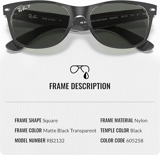 Ray-Ban RB2132 NEW WAYFARER CLASSIC POLARIZED Square Shaped Sunglasses for Men & Women – Includes Official Rayban Eyewear Kit – Ideal Formal & Casual Wear Sunglasses – Green Classic G-15 Lens