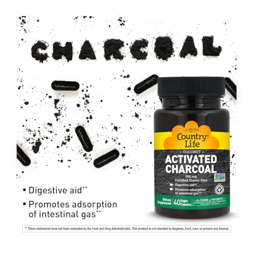 Country Life Coconut Activated Charcoal Capsules, 260mg – Natural Charcoal Supplement for Gas and Bloating Relief - Gluten-Free, 40 Vegan Capsules