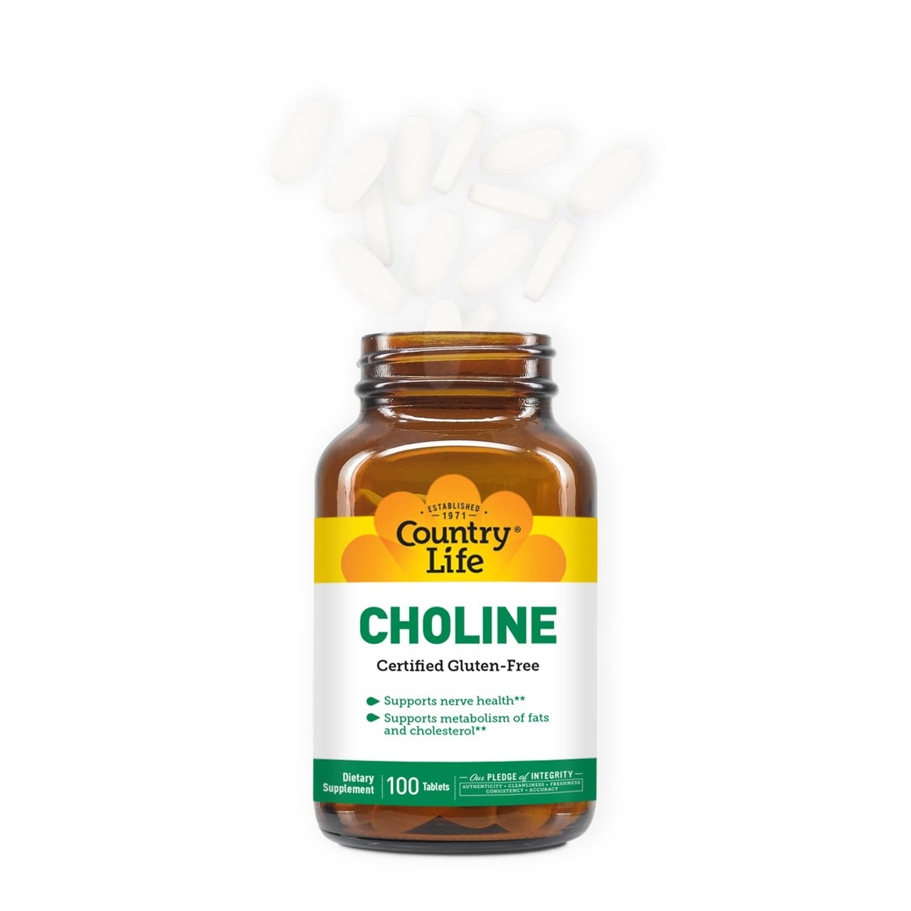 Country Life Choline 266mg, Certified Gluten Free, Vegan, Halal - 100 Tablets
