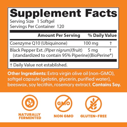 Doctor's Best High Absorption CoQ10 with BioPerine Supplement - Coenzyme Q10 Softgels for Heart Health & Antioxidant Support, Naturally Fermented CoQ10 100mg for Women & Men, Non GMO - 120 Softgels