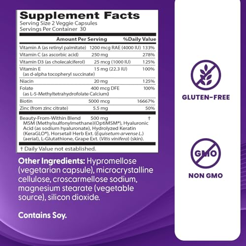 Doctors Best Womens Hair, Skin & Nails with OptiMSM + KeraGLO, Comprehensive Beauty Support, Non-GMO, Gluten Free 60 Veggie Caps