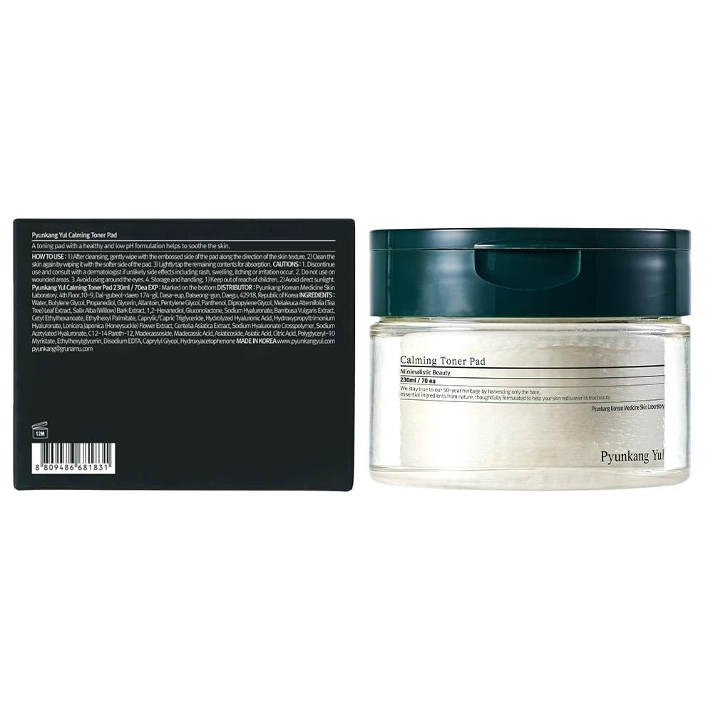 Pyunkang Yul PKY Calming Toner Pad with Tea Tree, 5 Hyaluronic Acids, Removes Dead Skin Cells, Moisturizes, Korean Face Skin Care, Acne Prone & Sensitive Skin, Double-Sided Pad 7.7 fl.oz 70ea