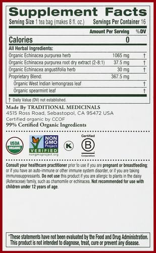Traditional Medicinals Organic Echinacea Plus Seasonal Tea (Pack of 1), Promotes Immune Function, 16 Tea Bags
