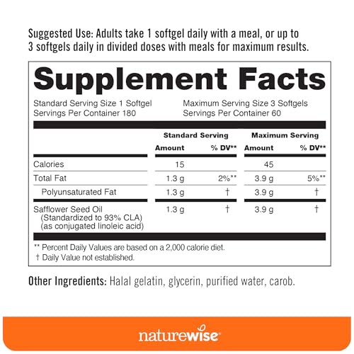 NatureWise CLA 1300 - 95% Active Conjugated Linoleic Acid for Women and Men, Not Stimulating, Supports Weight & Fitness Goals - Non-GMO, Gluten Free - 180 Softgels[2-Month Supply]