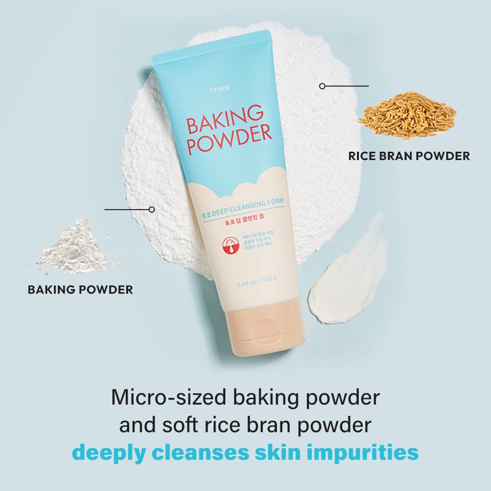 ETUDE Baking Powder B.B Deep Cleansing Foam, 2 in 1 Rice Bran + Baking Powder, Creamy Bubble + Scrub Exfoliate Skin, Fash Wash, Deep Cleanser for Makeup, Korean Skin Care, Beauty (5.64 Ounce)