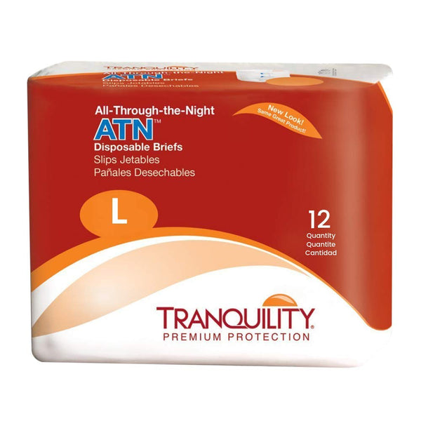 Tranquility Premium ATN Disposable Briefs with Tabs, Overnight Protection Superabsorbent Core for Leak-Free and Full-Fit Comfort, Large 12ct Bag