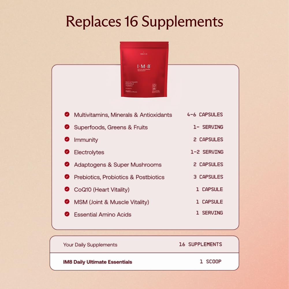 IM8 Daily Ultimate Essentials All-in-One Multivitamin Supplement Powder Bag, 92 Nutrient Rich Ingredients CoQ10, Probiotics, Vitamins, Greens, Gluten Free, Vegan, Acai Mixed Berry, 12.5oz, 30 Servings