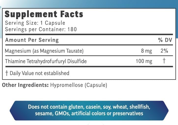 Objective Nutrients Thiamax Vitamin B1 (Thiamine TTFD) Capsules, No Fillers or Flow Agents, 100mg, 180 Count