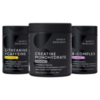 Thumbnail for Sports Research® Pre Workout Pack - Creatine Monohydrate 10.58 oz + L-Theanine Supplement with Caffeine & Coconut MCT Oil + Full Spectrum of B Vitamins with Methylated B12 & Folate