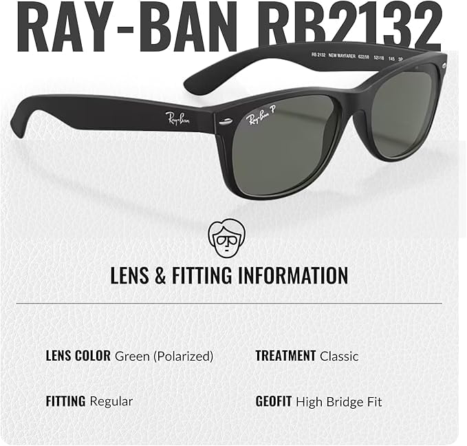 Ray-Ban RB2132 NEW WAYFARER CLASSIC POLARIZED Square Shaped Sunglasses for Men & Women – Includes Official Rayban Eyewear Kit – Ideal Formal & Casual Wear Sunglasses – Green Lens