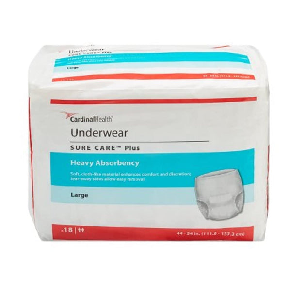 Cardinal 16153101 Sure Care Plus Adult Heavy Absorbent Underwear, White - Large - Pack of 18