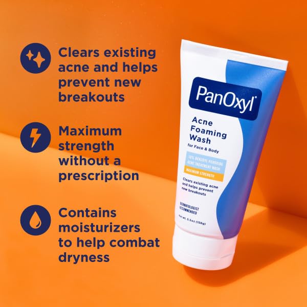 Bundle of PanOxyl Acne Foaming Wash Benzoyl Peroxide 10% Maximum Strength Antimicrobial, 5.5 Oz + PanOxyl PM Balancing Repair Moisturizer with Niacinamide, Ceramides and Cica, 3 oz