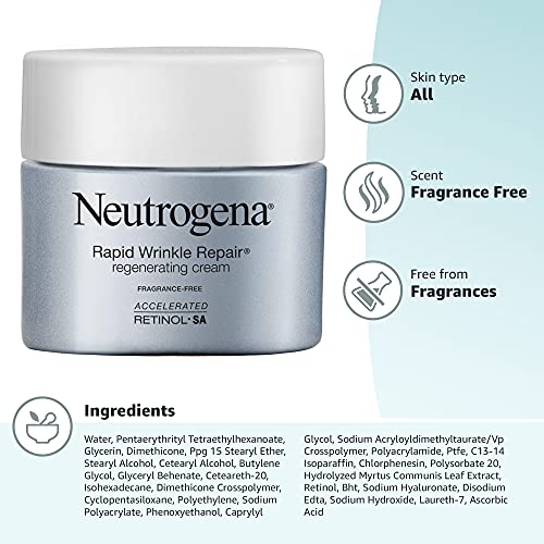 Neutrogena Rapid Wrinkle Repair, Retinol Face Moisturizer, Daily Anti-Aging Neck & Face Cream with Hyaluronic Acid, Retinol Cream, Fragrance-Free, Fades Fine Lines, Wrinkles and Dark Spots, 1.7 oz