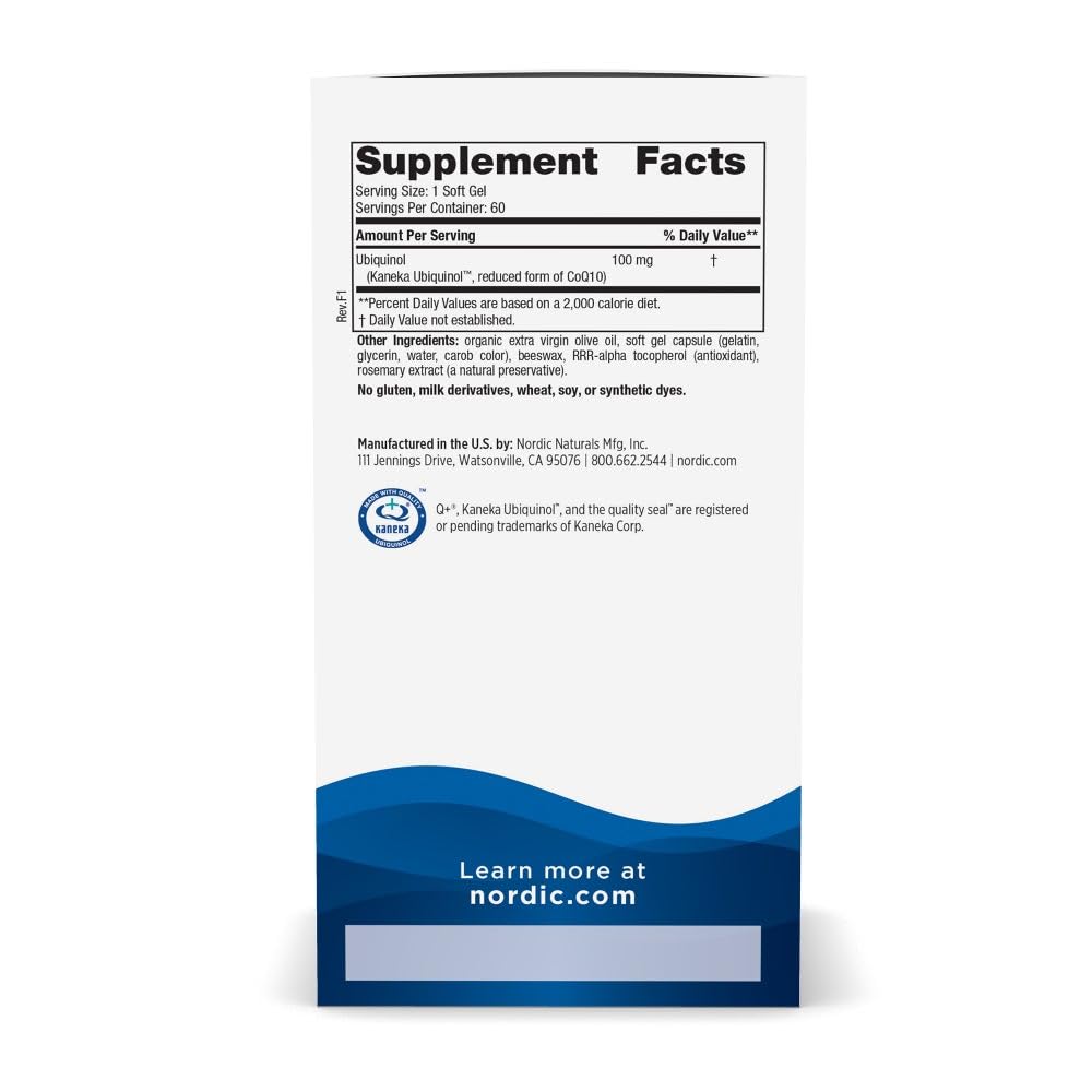 Nordic Naturals Nordic CoQ10 Ubiquinol - 60 Mini Soft Gels - 100 mg Coenzyme Q10 (CoQ10) Ubiquinol - Heart & Brain Health, Cellular Energy Production, Antioxidant Support - Non-GMO - 60 Servings