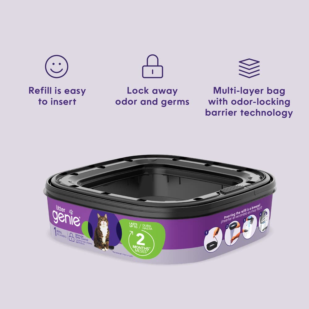 Litter Genie Refill Bags 14 FT (1-Pack) Multi-Layers Of Odor-Barrier Technology 1 Square Refill Cartridge Lasts Up To 2 Months Per Cat