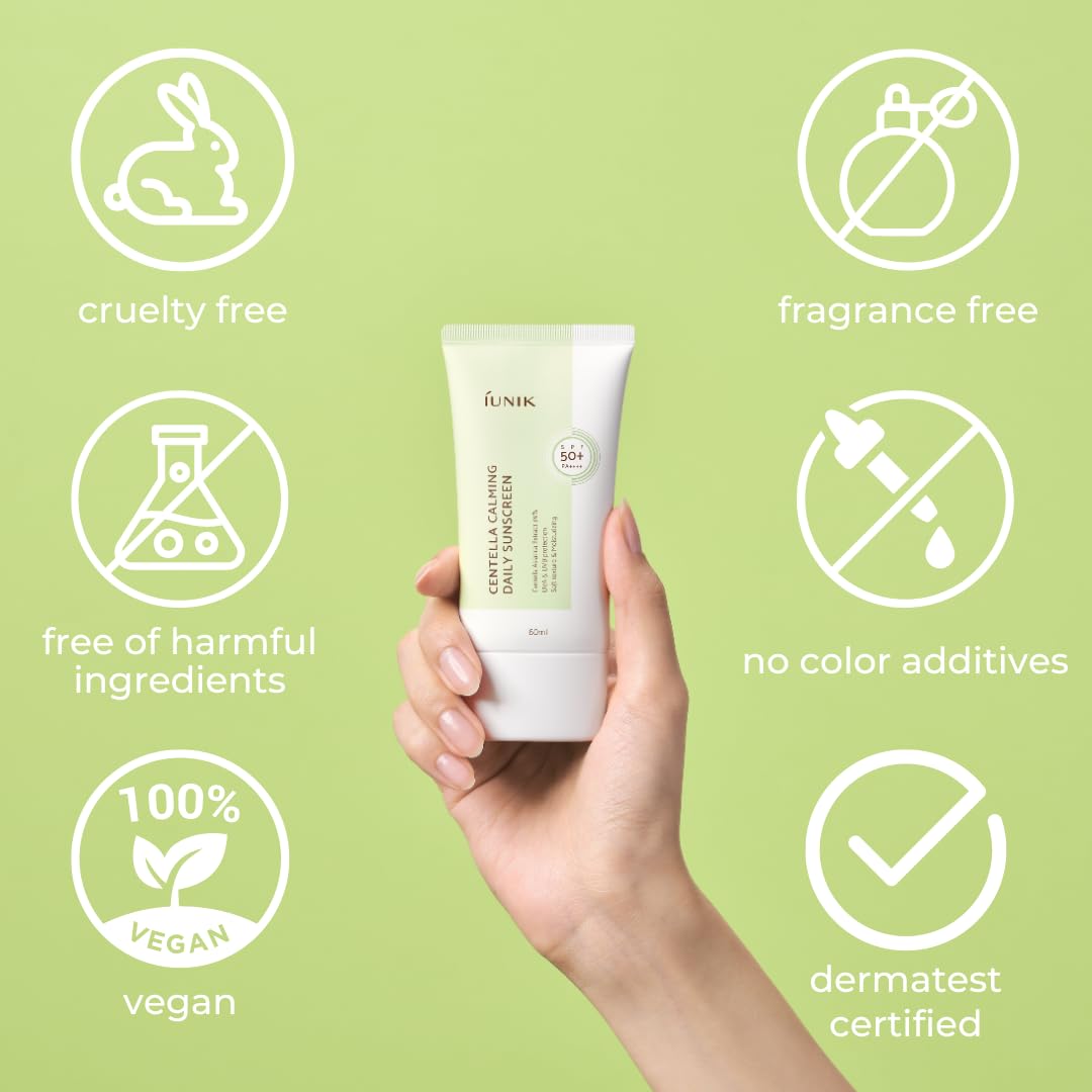 IUNIK Centella Calming Moisture Daily Sunscreen SPF 50+ PA++++ Matte & No White Cast Centella Asiatica Dry Oily Sensitive Vegan Korean Skincare - Pack of 2