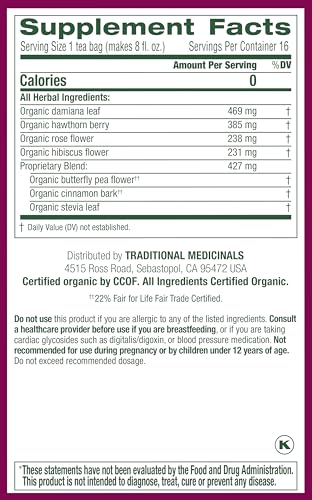 Traditional Medicinals Organic, Rosy Mood, Damiana & Butterfly Pea Flower - Uplifting Mood Support - Kosher, Non-GMO, Caffeine-Free, Compostable - 96 Tea Bags (6 Packs of 16)