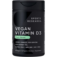 Thumbnail for Sports Research Vegan Vitamin D3 5000IU (125 mcg) with Coconut Oil | 100% Plant-Based Vitamin D for Bone, Joint & Immune Support | Carrageenan Free, Vegan Certified & Non-GMO Verified (60 Softgels)