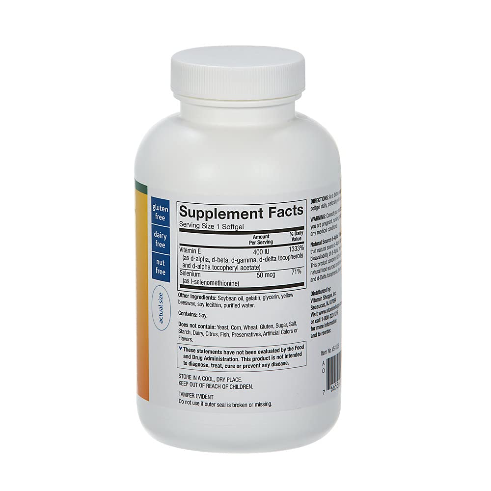 The Vitamin Shoppe Vitamin E + 400IU Selenium- 100% d-Alpha Vitamin E from Natural Food Sources with Mixed Tocopherols, Antioxidant & Immune Support - Once Daily (300 Softgels)
