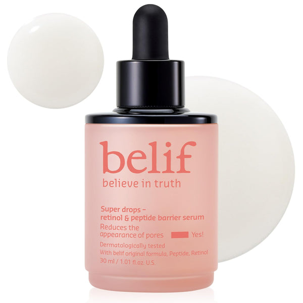 belif Retinol & Peptide Super Drops Serum – Anti-Aging Skin Booster and Pore Minimizer with Hyaluronic Acid for Firming, Smoothing & Repair, Korean Skincare for All Skin Types, 1.01 fl oz