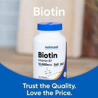 Thumbnail for Nutricost Biotin (Vitamin B7) 10,000mcg (10mg) Vitamin Supplement, 240 Capsules - Vegetarian, Gluten Free, Quick Release, Non-GMO