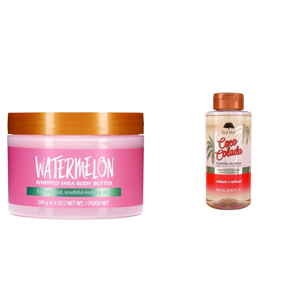 Tree Hut Watermelon Whipped Shea Body Butter 8.4oz and Coco Colada Foaming Gel Wash 18oz Skincare Bundle