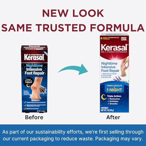 Kerasal Nighttime Intensive Foot Repair, Skin Healing Ointment for Cracked Heels and Dry Feet, 1 oz (Packaging May Vary)