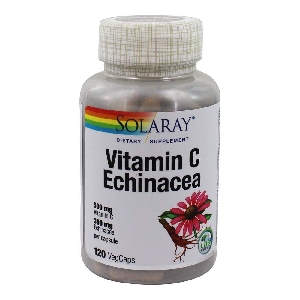 SOLARAY Vitamin C & Echinacea Root Supplement - Healthy Immune System Support for Women & Men, 500 mg Vitamin C & 300 mg Echinacea Per Capsule, Non-GMO, Vegan - 120 Count Veg Caps