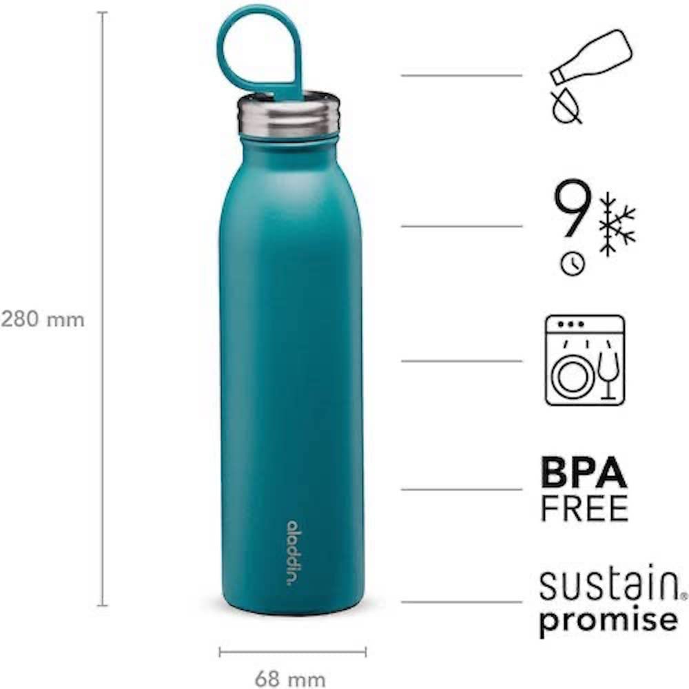 Aladdin Chilled Thermavac Stainless Steel Water Bottle 0.55L Aqua Blue â€“ Insulated Metal Water Bottle - Keeps Cold for 9 Hours - BPA-Free Thermos Flask - Leakproof - Dishwasher Safe