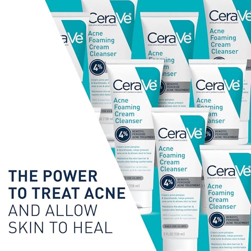 CeraVe Acne Foaming Cream Cleanser, 4% Benzoyl Peroxide Face Wash With Hyaluronic Acid, Niacinamide & Ceramides, Gentle Daily Acne Treatment For Face