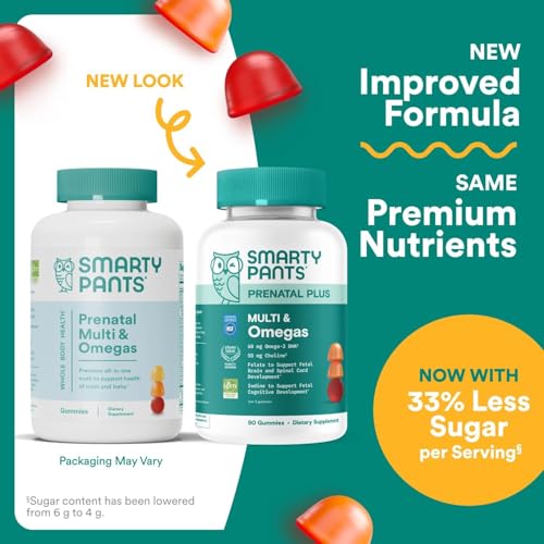 SmartyPants Prenatal Multivitamin Gummies, Omega 3 (DHA/EPA), Methylfolate, Biotin, Vitamin D3, C, Vitamin B12, B6, Vitamin A, K & Zinc, Gluten Free, 90 Count (30 Day Supply)