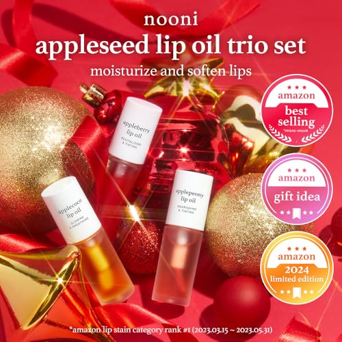 NOONI Korean Vegan Appleseed Lip Oil Gift Set - Limited Edition | Long-Lasting, Moisturizing, Plumping, Revitalizing for Dry Lips, Waterproof, No Peel Off, Hydrating, 0.12 Oz x 3ea