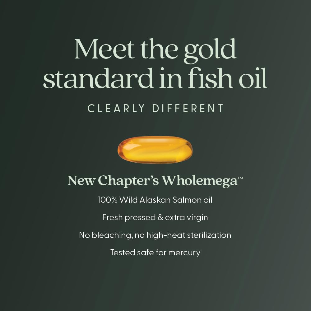 New Chapter Wholemega Fish Oil Supplement - 2000mg per Serving, Clinically Proven Wild Alaskan Salmon Oil with Omega-3 + Vitamin D3 + Astaxanthin, 180 Softgels