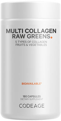 Thumbnail for Codeage Multi Collagen Protein + Organic Raw Greens Superfood Capsules Supplement, 21 Fruits & Veggies, Grass-Fed Hydrolyzed Collagen Peptides, 5 Types All-in-One, 180 Count
