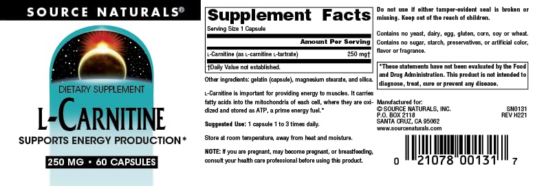 Source Naturals L-Carnitine for Metabolic Energy* - 250 mg - 60 Capsules