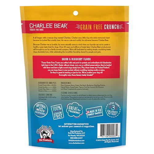 Charlee Bear Crunch Grain Free Dog Treats, Bacon and Blueberry, 8 Ounce Resealable Bag, Low Calorie Training Treats for Dogs, Limited Ingredient, Healthy, Crunchy Dog Snacks, Made in USA