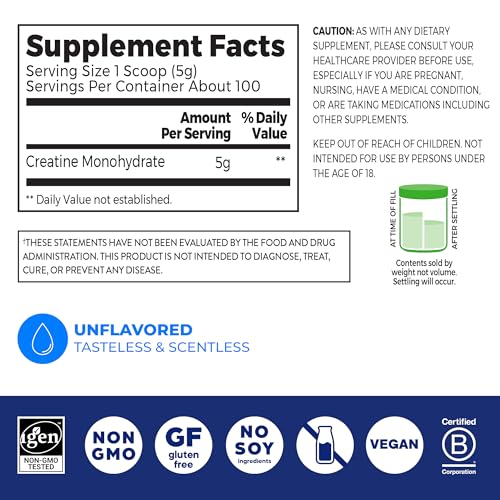 Orgain Creatine Monohydrate Micronized Powder, 100 Servings, Unflavored, Supports Muscle Growth, Post Workout Recovery and Brain Health, No Artificial Additives, for Men & Women, Vegan