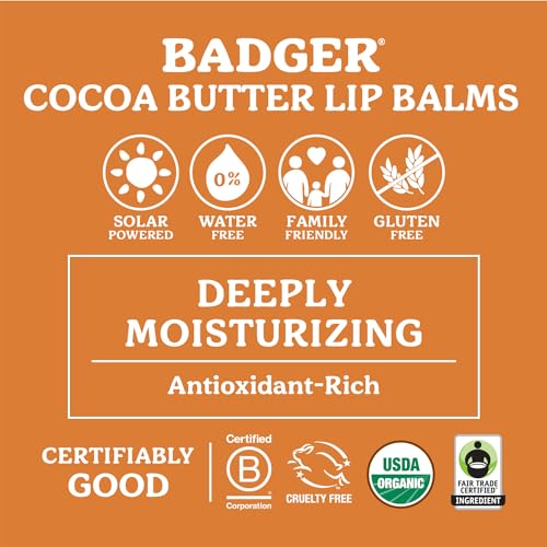 Badger Creamy Cocoa Cocoa Butter Lip Balm, Long Lasting Hydrating Lip Moisturizer, Fair Trade, Large Size Stick, 100% Organic Lip Care, 4-pack