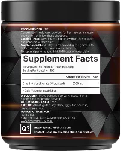 NatureBell 2 Pack Instant Creatine Monohydrate Powder 500g, 5,000mg Per Serving | Micronized, Pure, & Unflavored | Pre-Workout | Keto, Vegan, Filler-Free | 200 Servings (2.2 lb)