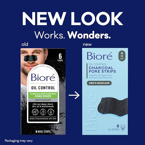 Bioré Men's Blackhead Remover Pore Strips, Charcoal Deep Cleansing Nose Strips for Blackhead Removal on Oily Skin, 6 Count (Pack of 4)
