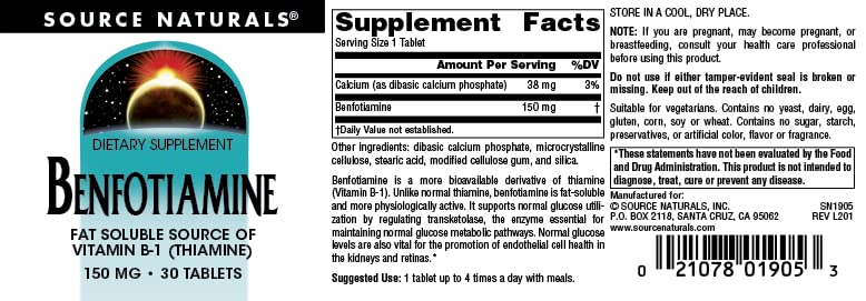 Source Naturals: Benfotiamine, Fat Soluable Source of Vitamin B-1 (Thiamine) 150 mg 30 Tablet