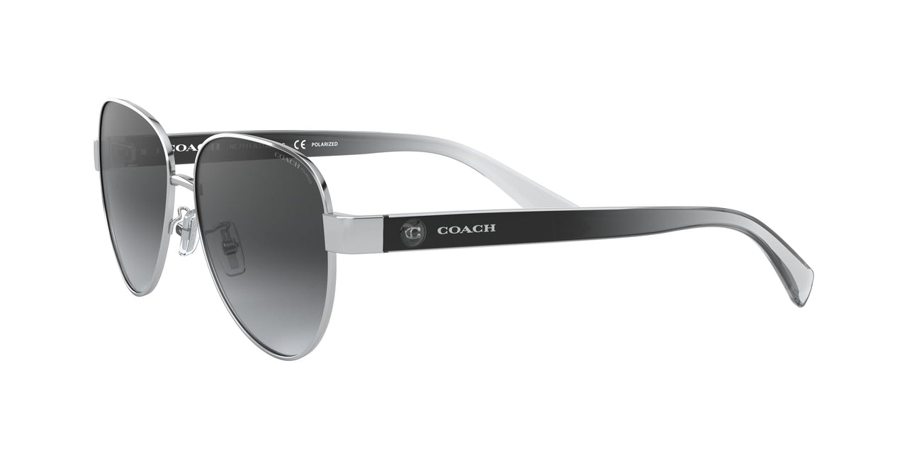 Coach HC7111 Sunglasses, Silver/Dark Grey Gradient Polarized, 57 mm