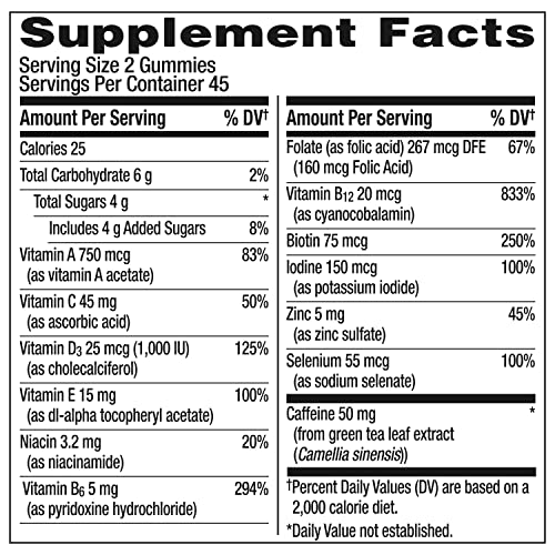 Centrum MultiGummies Multi+ Dual Action Mental Focus Adult Multivitamin with Caffeine from Green Tea, Supports Mental Focus, Attention and Alertness, Lemon/Orange Flavors - 90 Count