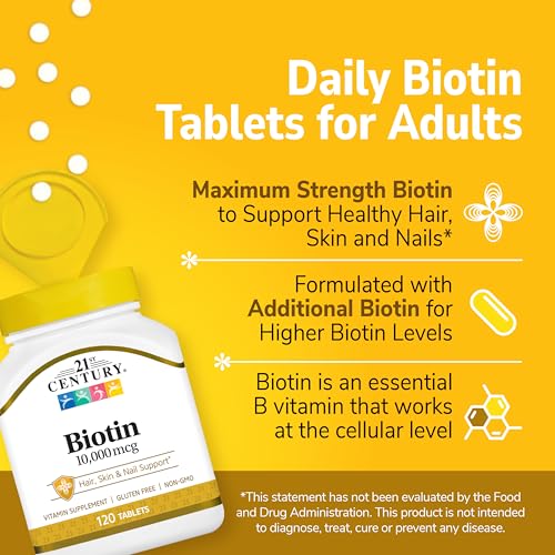 21st Century Biotin Tablets, 10,000 mcg, Unflavored 120 Count