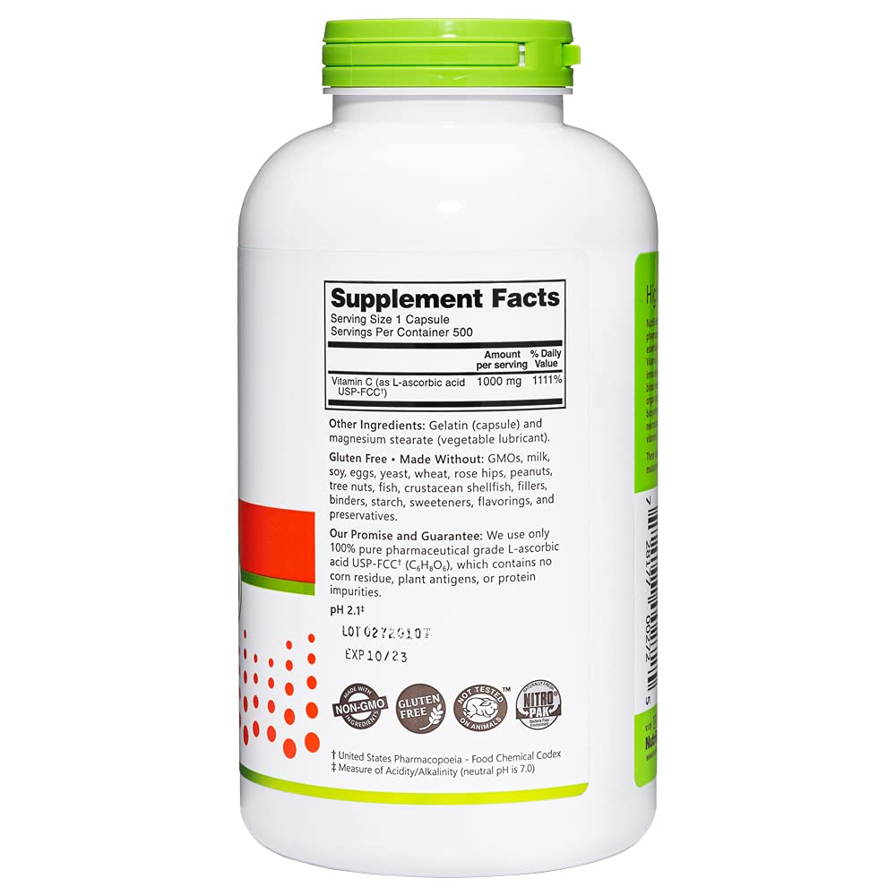 NutriBiotic - Vitamin C 1000 Mg Capsules, 500 Count | Essential Immune, Antioxidant & Collagen Support Supplement | Pharmaceutical Grade L-Ascorbic Acid, 1000 Mg Per Serving | Gluten & GMO Free