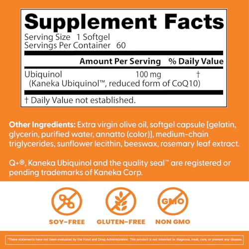 Doctor's Best Kaneka Ubiquinol 100 mg Supplement for Men & Women - Reduced Form CoQ10, Coenzyme Q10 100mg for Antioxidant & Heart Health Support, Non GMO, Gluten Free, Soy Free - 60 Softgels