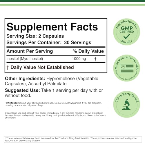 Inositol Capsules (Myo Inositol) 1000mg Health Support for Women (60 Count)(No Fillers, Vegan Safe, Gluten Free) by Double Wood