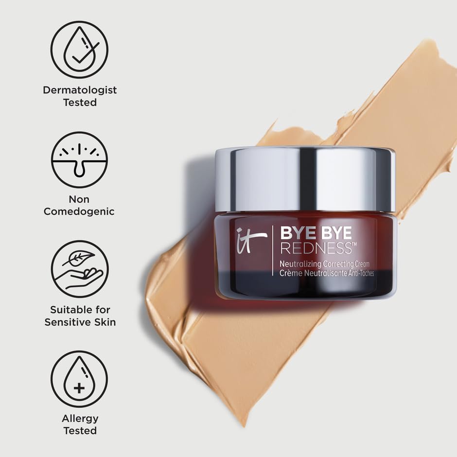 IT Cosmetics Bye Bye Redness Full Coverage Color Correcting Cream (Light Beige) - Redness Neutralizing Tinted Face Moisturizer, 12HR Hydration, Hyaluronic Acid, Colloidal Oatmeal - 0.37 fl oz