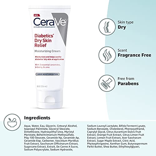 CeraVe Moisturizing Cream for Diabetics’ Dry Skin, Urea Cream with Bilberry for Face and Body, Fragrance Free & Paraben Free, 8 Ounce